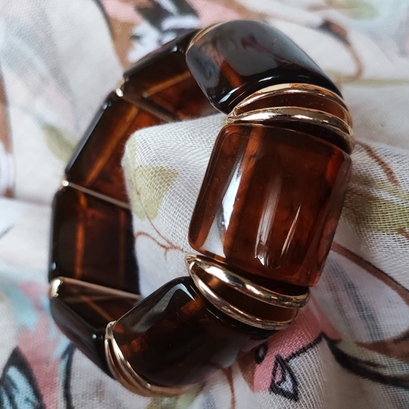 Thick Chunky Tortoise Segment Gold Tone Accents Stretch Vintage Bracelet EUC - Picture 8 of 8